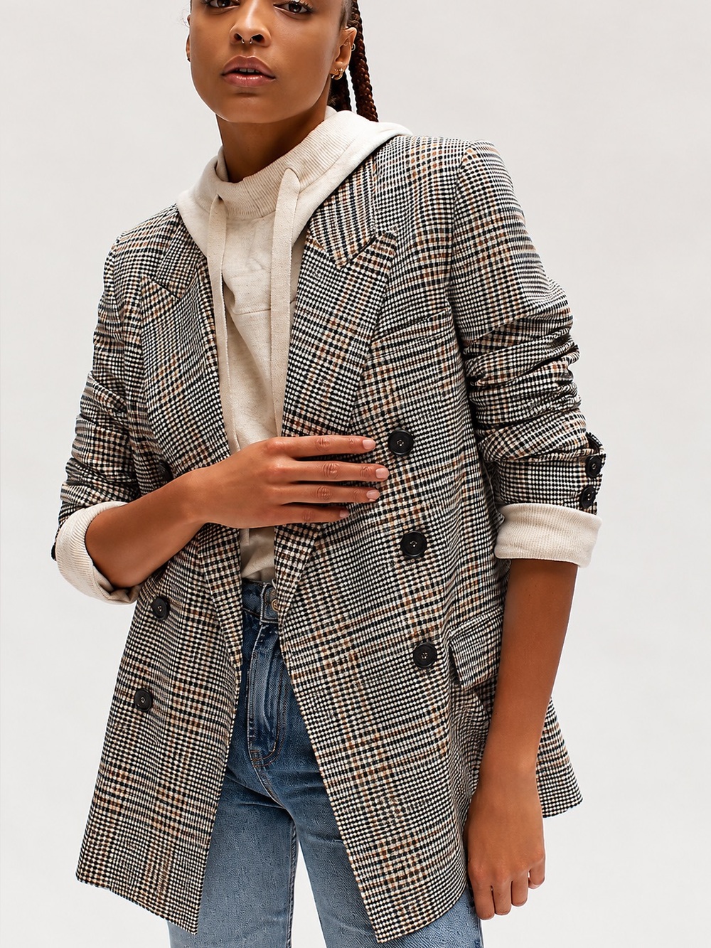 By Together Plaid Blazer in Black, White & Tan
